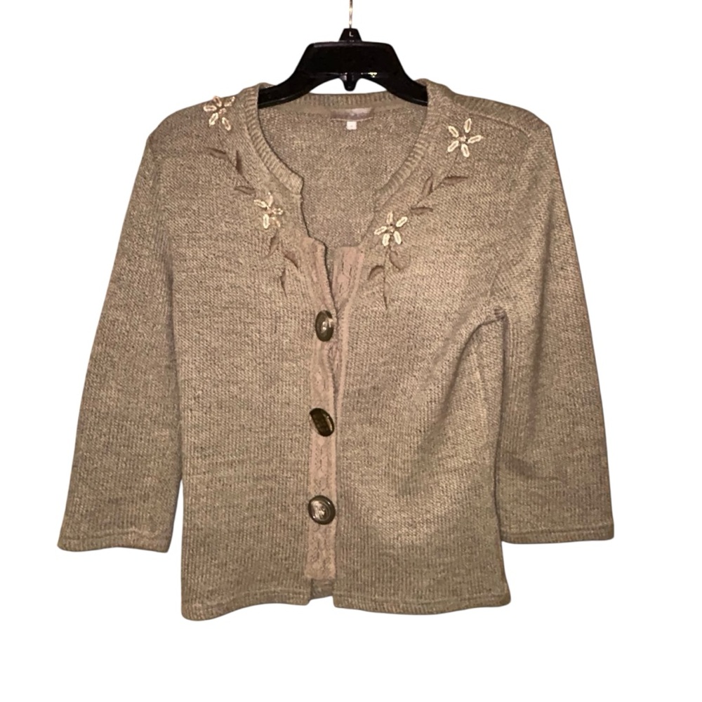 Per‎ Una Womens Embellished Snap Front Knit Cardigan Beaded Small 3/4 Sleeve Tan
